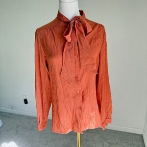 Vintage Sears Rust Bow Tie Blouse Women's‎ Long Sleeve Metallic Striped Top